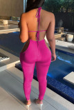Rose Red Sexy Solid Hollowed Out Patchwork Frenulum Backless Halter Skinny Jumpsuits