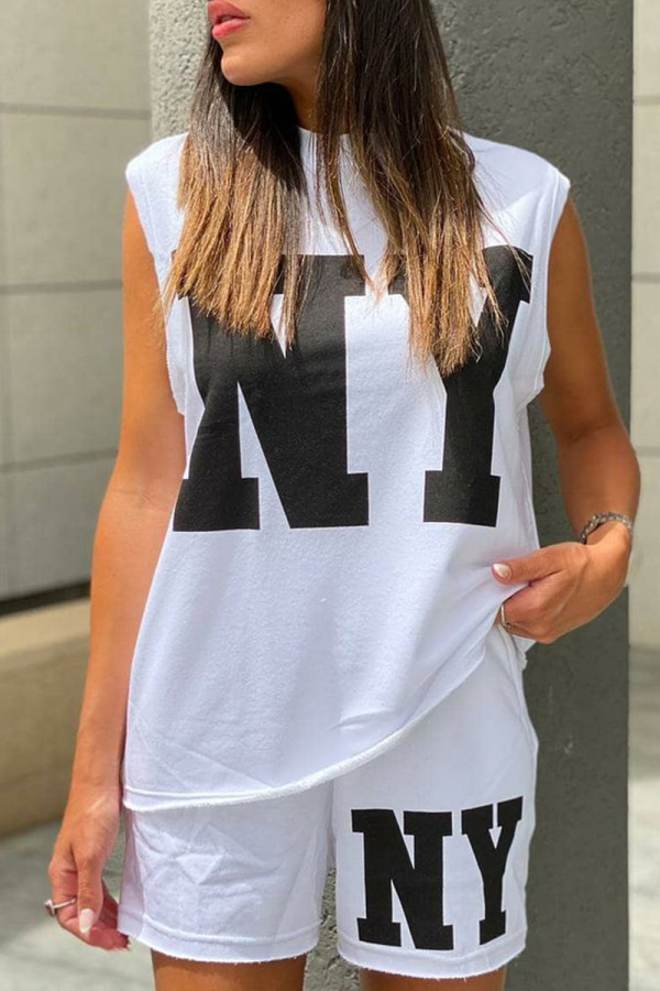 White Casual Letter Print Basic O Neck Sleeveless Two Pieces