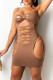 Light Brown Sexy Solid Hollowed Out Backless Strap Design Spaghetti Strap Sleeveless Dress