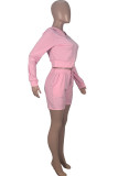 Pink Fashion Casual Solid Basic Hooded Collar Long Sleeve Two Pieces