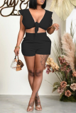 Pink Sexy Solid Flounce V Neck Sleeveless Two Pieces
