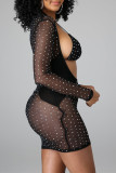 Apricot Sexy Patchwork Hot Drilling Hollowed Out See-through Long Sleeve Dress Three-piece Set