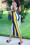 Yellow Fashion Sexy Striped Print Backless Spaghetti Strap Long Dress