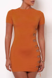 Orange Sexy Solid Hollowed Out Split Joint Frenulum O Neck Short Sleeve Dress Dresses
