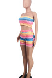Rainbow Color Sweet Striped Print Patchwork Strapless Sleeveless Two Pieces