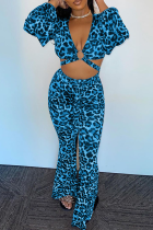 Peacock Blue Sexy Leopard Split Joint V Neck Long Sleeve Two Pieces