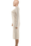 Apricot Fashion Casual Solid Buckle Turndown Collar Long Sleeve Dresses