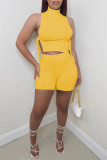 Pink Fashion Casual Solid Strap Design Turtleneck Sleeveless Two Pieces