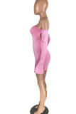 Pink Street Solid Patchwork Frenulum Backless Strapless Skinny Rompers