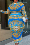 Blue Sexy Print Patchwork O Neck Pencil Skirt Dresses