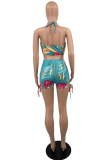 Green Sexy Street Print Patchwork Draw String Swimwears
