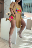 Yellow Casual Print High Opening O Neck Short Sleeve Two Pieces
