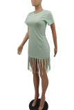 Light Green Casual Solid Tassel Patchwork O Neck Pencil Skirt Dresses