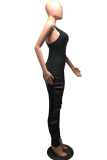 Black Sexy Solid Ripped Square Collar Skinny Jumpsuits