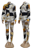 Black White Casual Print Patchwork Turndown Collar Long Sleeve Two Pieces