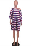 Red Blue Fashion Casual Print Basic Oblique Collar T-shirt Dress
