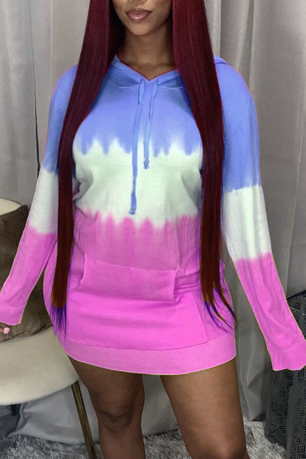 Pink Casual Gradual Change Print Patchwork Pocket Hooded Collar Straight Dresses