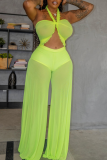 Yellow Sexy Solid Patchwork Mesh Swimwears