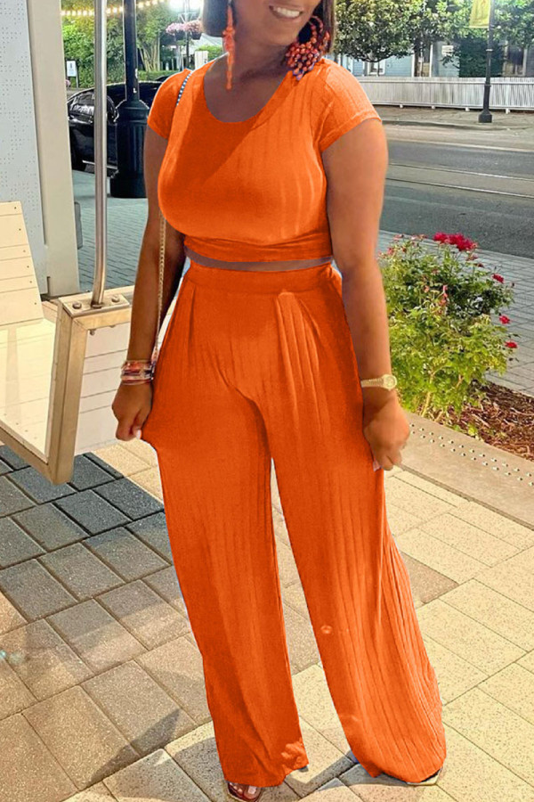 Tangerine Red Casual Solid Patchwork O Neck Short Sleeve Two Pieces
