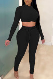 Black Casual Solid Bandage Split Joint Fold O Neck Long Sleeve Two Pieces