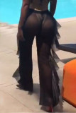 Black Sexy Solid See-through Straight High Waist Straight Solid Color Bottoms