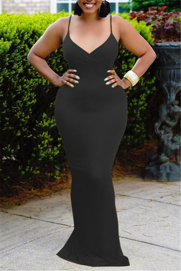 Black Fashion Sexy Solid Backless Slit V Neck Sling Dress