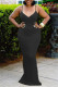 Black Fashion Sexy Solid Backless Slit V Neck Sling Dress