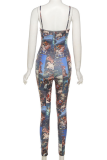 Blue Sexy Print Patchwork Spaghetti Strap Skinny Jumpsuits