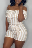 Khaki Fashion Casual Striped Print Backless Off the Shoulder Regular Romper