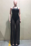 Tangerine Red Sexy Solid Patchwork Mesh Halter Straight Jumpsuits