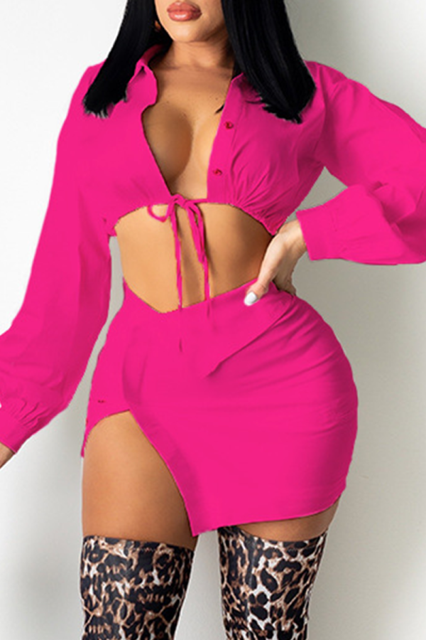 Rose Red Sexy Solid Slit Turndown Collar Long Sleeve Two Pieces