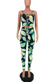 Green Sexy Print Hollowed Out Patchwork Frenulum Spaghetti Strap Sleeveless Two Pieces