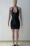 Brown Sexy Solid Hollowed Out Patchwork Halter Pencil Skirt Dresses
