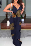 Tibetan Blue Casual Print Patchwork V Neck Straight Dresses