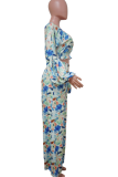 Blue Sexy Print Patchwork V Neck Long Sleeve Two Pieces