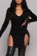 Black Fashion Solid Slit V Neck Long Sleeve Dresses