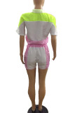 Pink Sportswear Color Lump Print Patchwork Turndown Collar Short Sleeve Two Pieces