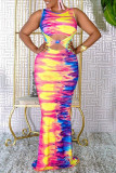 Multicolor Fashion Sexy Print Hollowed Out O Neck Vest Dress