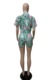 Red Casual Print Patchwork Turndown Collar Short Sleeve Two Pieces