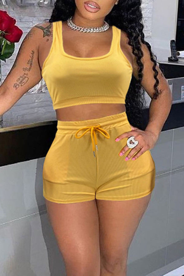 Yellow Casual Solid Patchwork U Neck Sleeveless Two Pieces