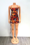 Blue Sexy Print Patchwork Strapless Pencil Skirt Dresses
