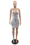 White Fashion Sexy Print Backless Spaghetti Strap Sleeveless Dress