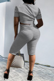 Grey Fashion Casual Solid Fold O Neck Short Sleeve Two Pieces