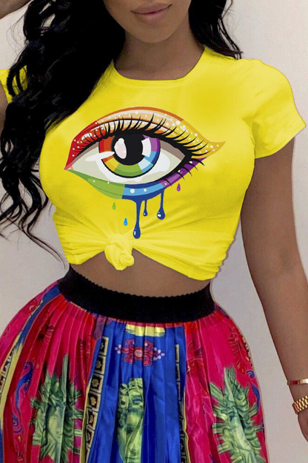 Yellow Fashion Casual Eyes Printed Basic O Neck T-Shirts