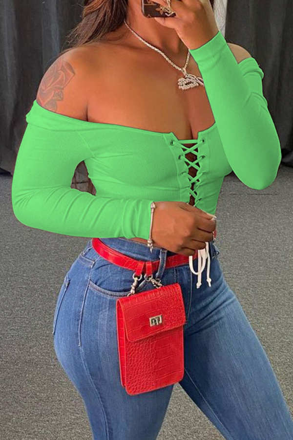 Light Green Sexy Solid Patchwork Off the Shoulder Tops