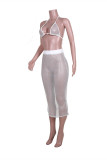 White Fashion Sexy Solid See-through Backless Halter Sleeveless Two Pieces