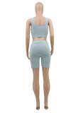Sky Blue Casual Sportswear Solid Vests Square Collar Sleeveless Two Pieces