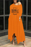 Orange Casual Letter Print Basic Oblique Collar Irregular Dress