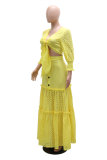 Yellow Fashion Casual Solid Bandage Hollowed Out See-through V Neck Long Sleeve Two Pieces