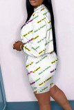 White Casual Letter Print Patchwork O Neck Long Sleeve Two Pieces